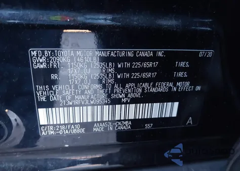 2020 Toyota Rav4 Xle z USA, uszkodzony, nr VIN 2T3W1RFV3LW095345